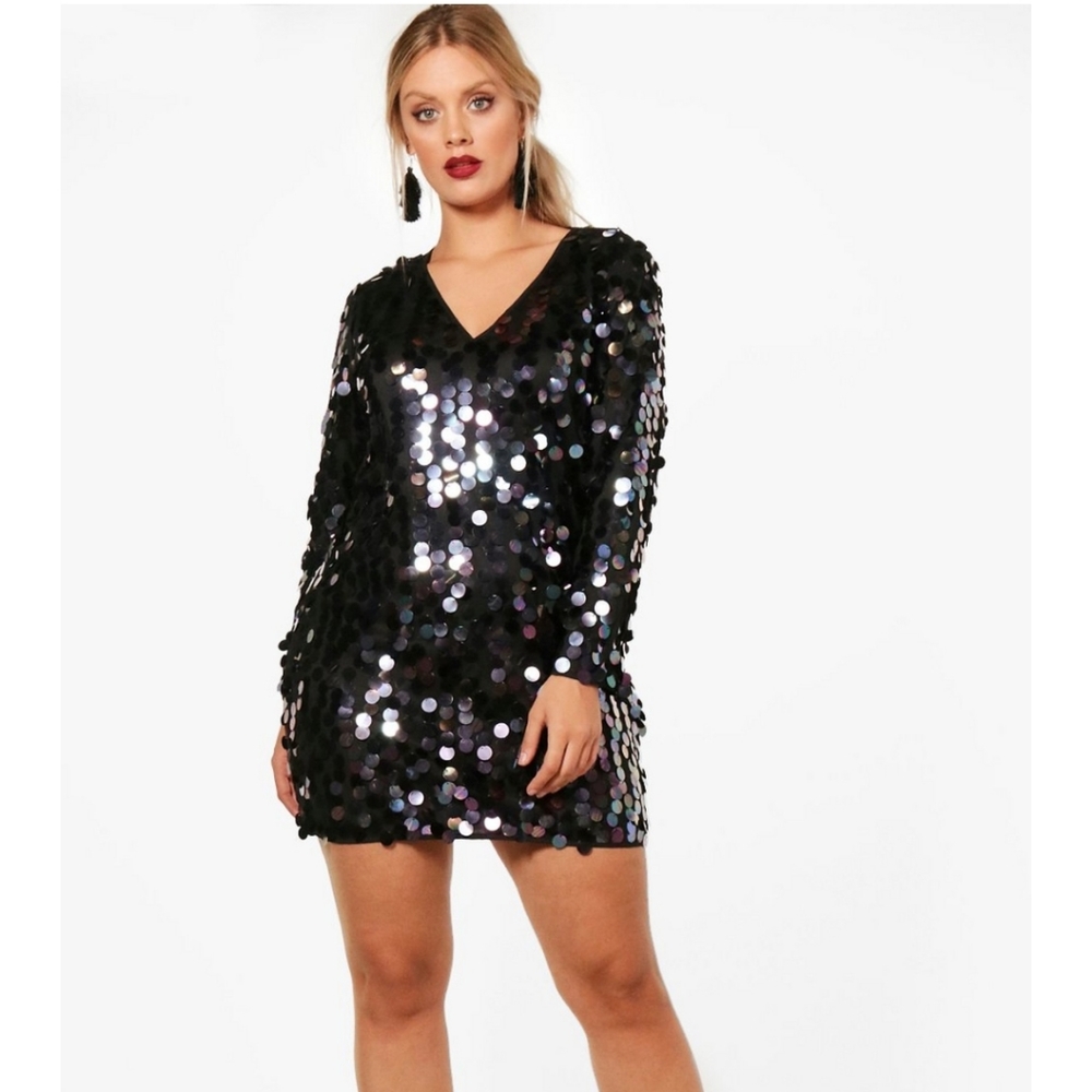 Boohoo Plus Sequin Shift Long sleeve Dress NWT